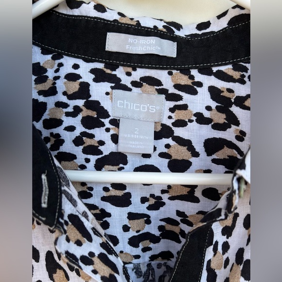 Chico's No Iron Linen Button Up Shirt Size 2 Leopard Print 3/4 Sleeve - Picture 7 of 11